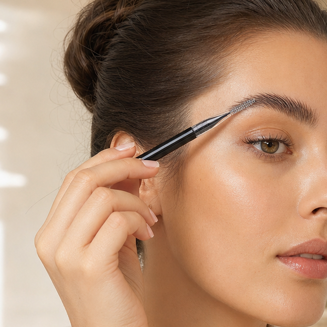 Femme coiffant ses sourcils après un brow lift avec une micro-brosse